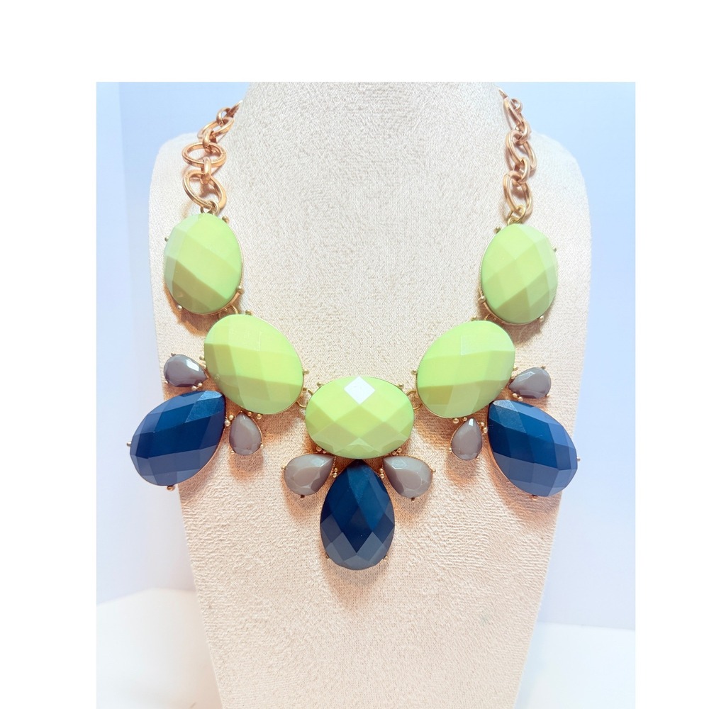 Lime Green Navy Gray Glass Bib Necklace Gold Tone Chunky Links